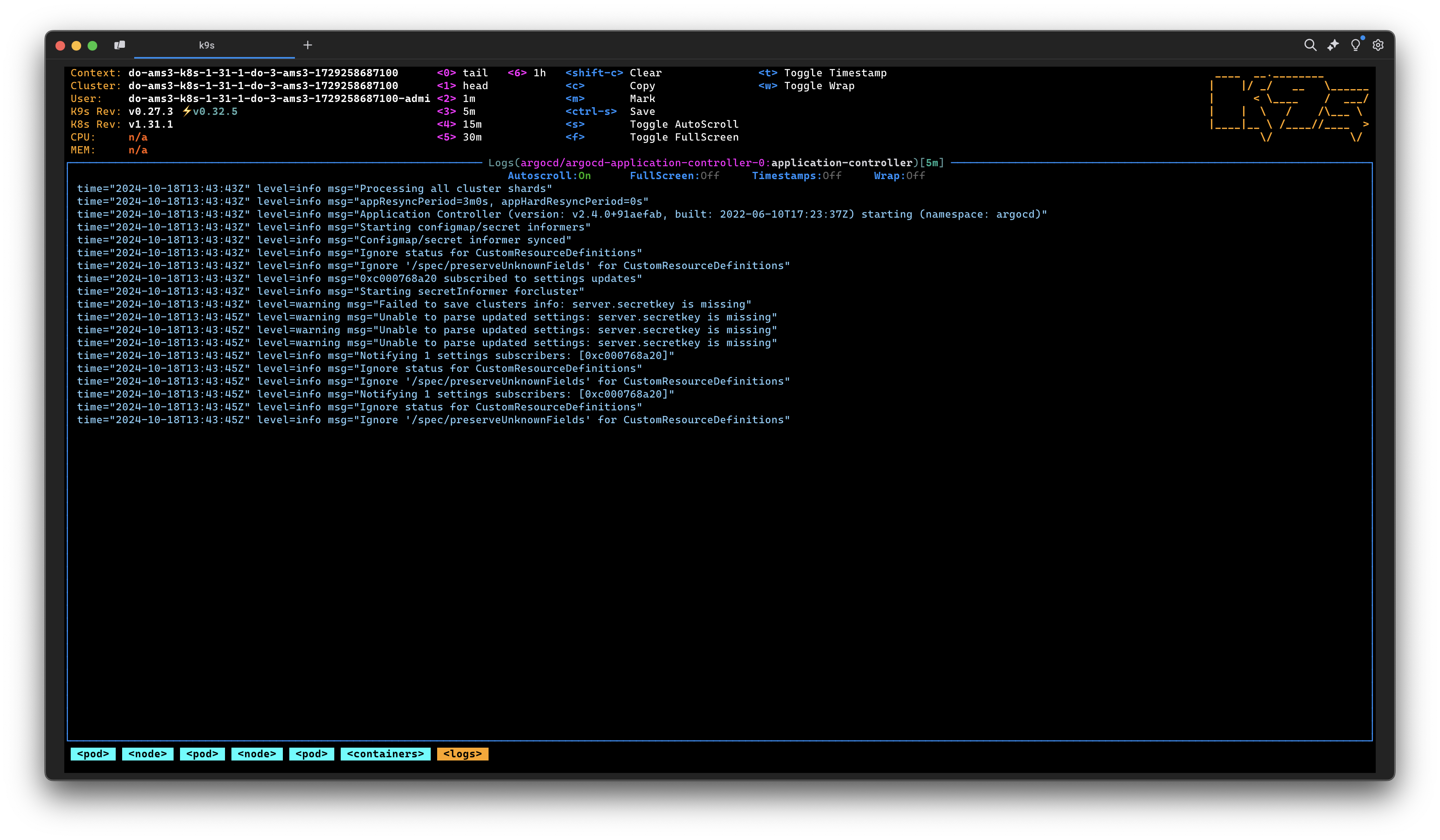 K9S dashboard with logs streaming
