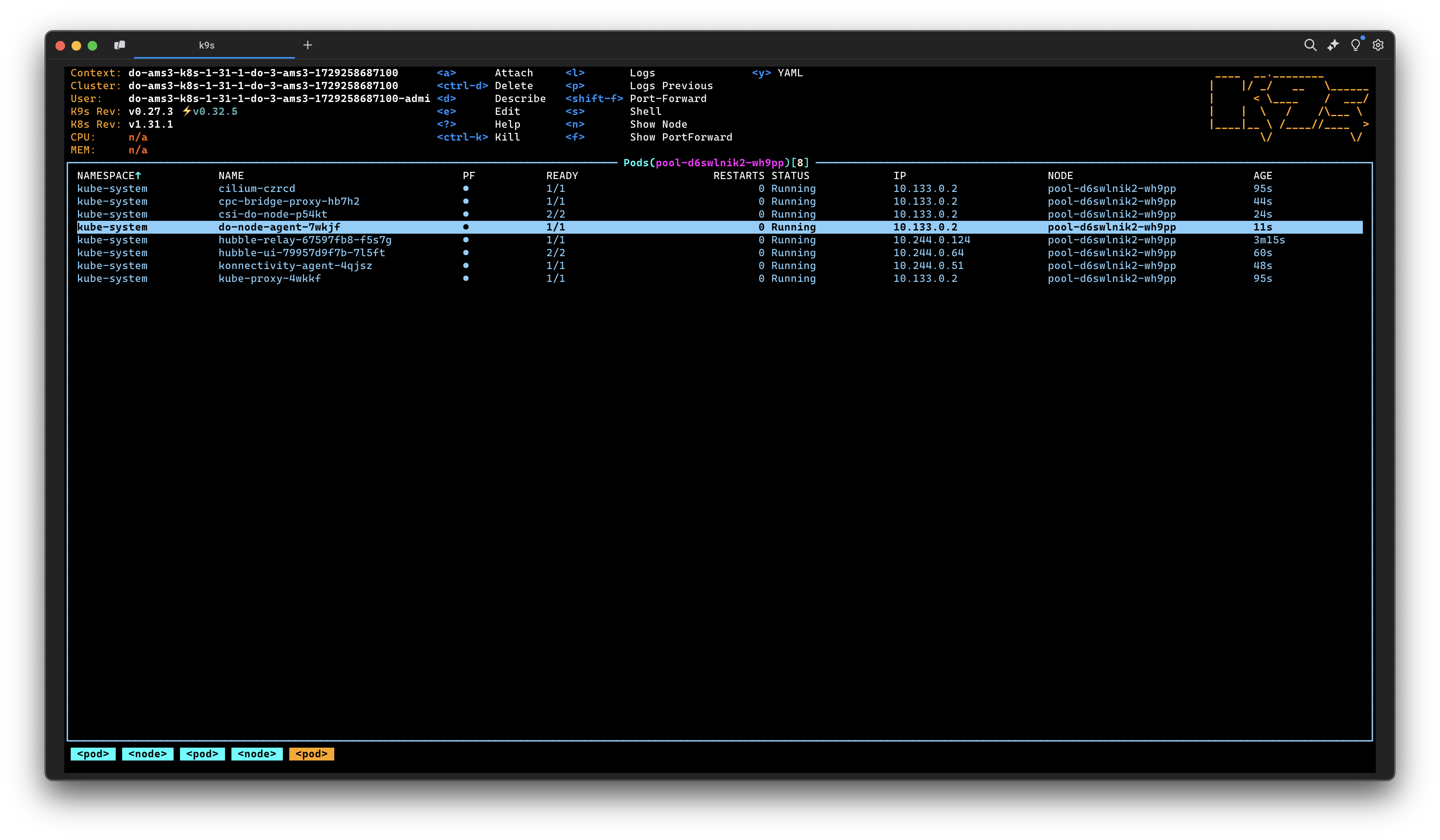 K9S dashboard with pods